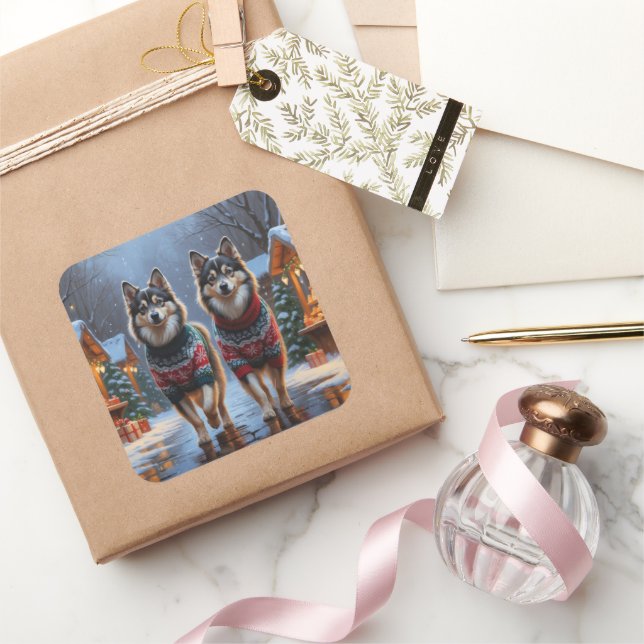 Pegatina Cuadrada Finnish Lapphund Dogs Christmas Snow Holiday (Regalar)