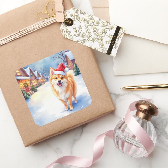 Pegatina Cuadrada Finnish Lapphund Snowy Village Santa Hat Christmas (Regalar)