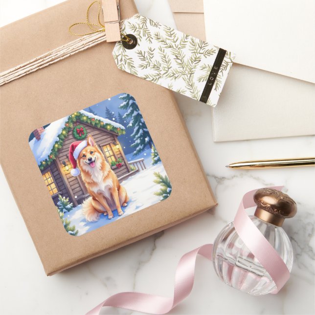 Pegatina Cuadrada Finnish Spitz Snowy Cabin Santa Hat Christmas Art (Regalar)