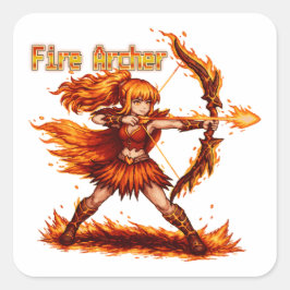 Pegatina Cuadrada Fire Archer Pixel Art RPG Fantasy Flame Warrior