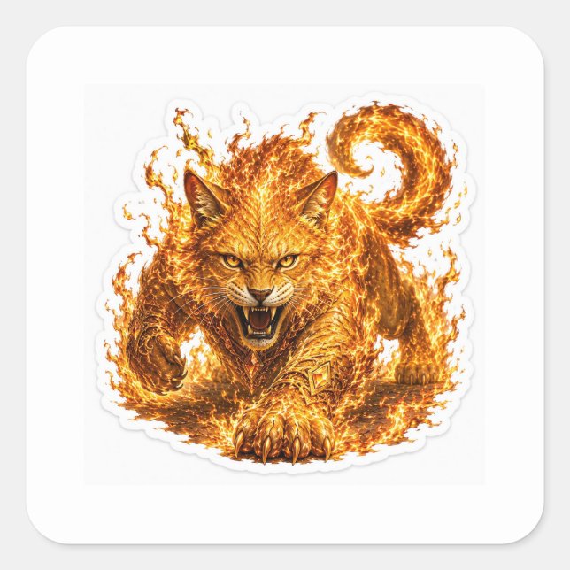 Pegatina Cuadrada Fire Cat Fantasy Sticker (Anverso)