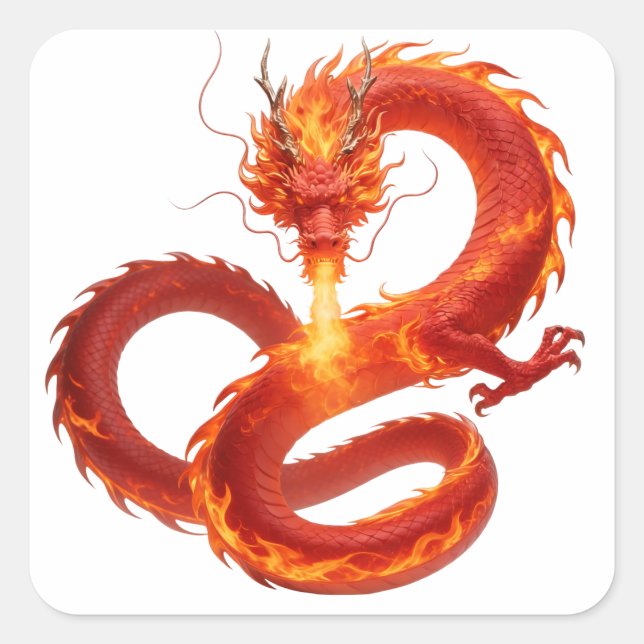 Pegatina Cuadrada Fire Dragon Fantasy Art Design, Mythical Creature  (Anverso)