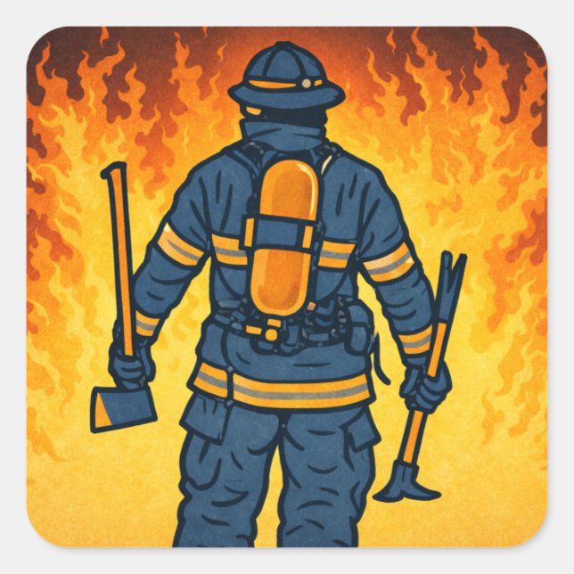 Pegatina Cuadrada Firefighter Standing Against the Flames (Anverso)