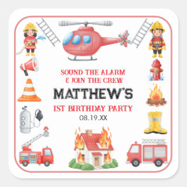 Pegatina Cuadrada Firetrucks Boy 1st Birthday | Cute Little party