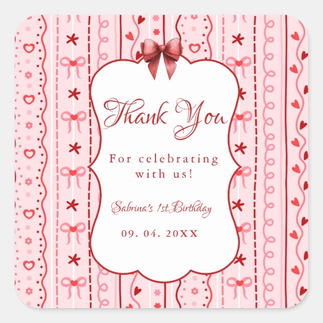 Pegatina Cuadrada First Birthday valentine baby birthday party (Anverso)