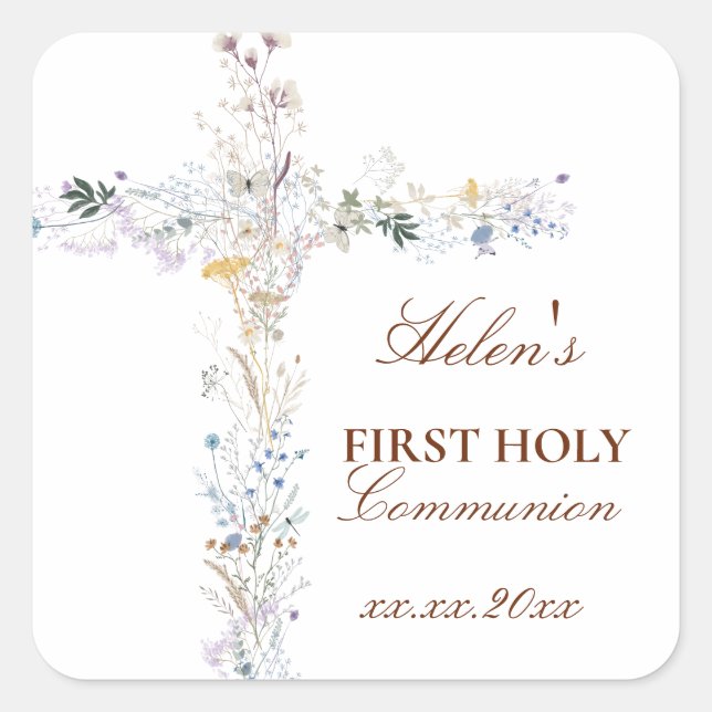 Pegatina Cuadrada First Holy Communion floral cross (Anverso)