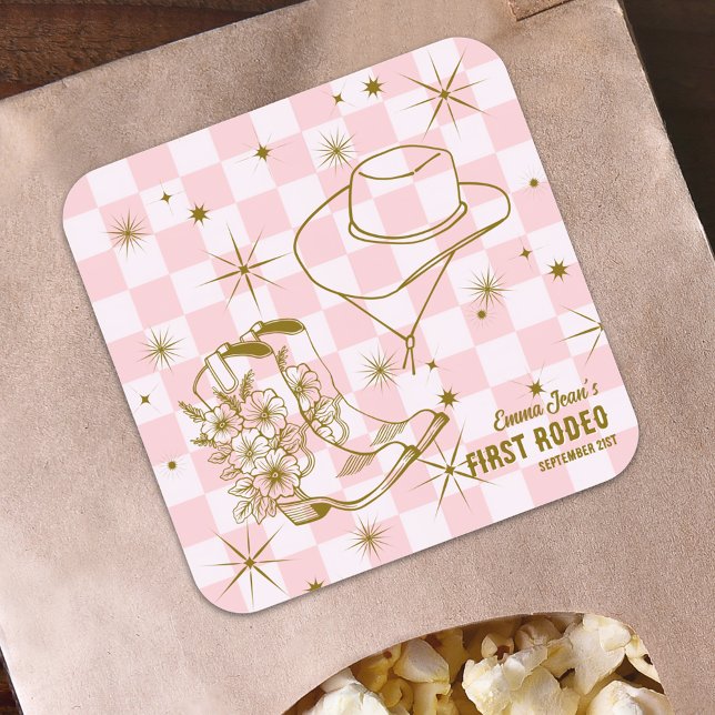 Pegatina Cuadrada First Rodeo Pink Brown Cowgirl Boots Hat Birthday (First Rodeo Pink Brown Cowgirl Boots Hat Birthday Square Sticker)