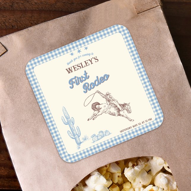 Pegatina Cuadrada First Rodeo Wild West Boys 1st Birthday Party  (First Rodeo Wild West Boys 1st Birthday Party Square Sticker)