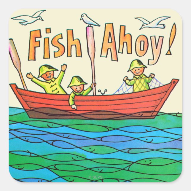 Pegatina Cuadrada ¡Fish Ahoy! (Anverso)