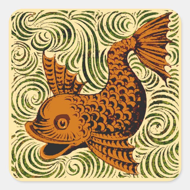 Pegatina Cuadrada Fish Antiguo Tile Antiguo arte (Anverso)