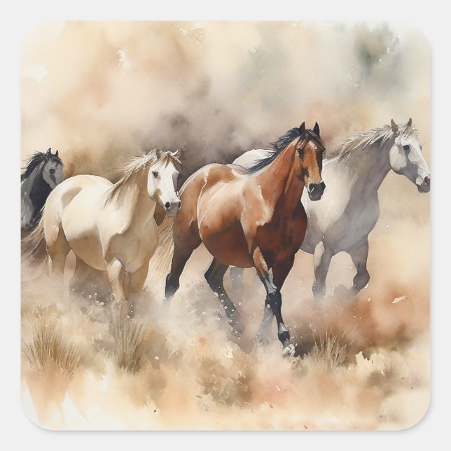 Pegatina Cuadrada "Five Galloping Mustangs" (Anverso)