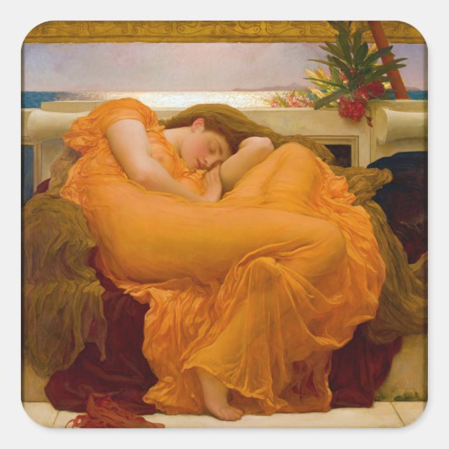 Pegatina Cuadrada Flamante junio de Sir Frederic Leighton (Anverso)