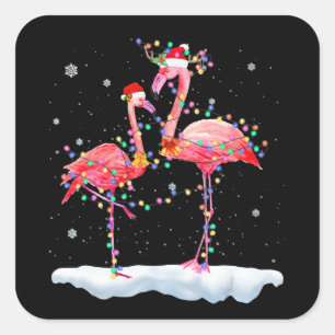 Pegatina Cuadrada Flamencos   Flamingo Christmas Tree Santa Hat Xmas