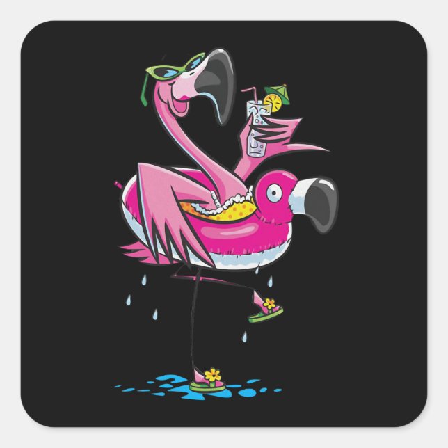 Pegatina Cuadrada Flamencos | Flamingos Love Beach (Anverso)