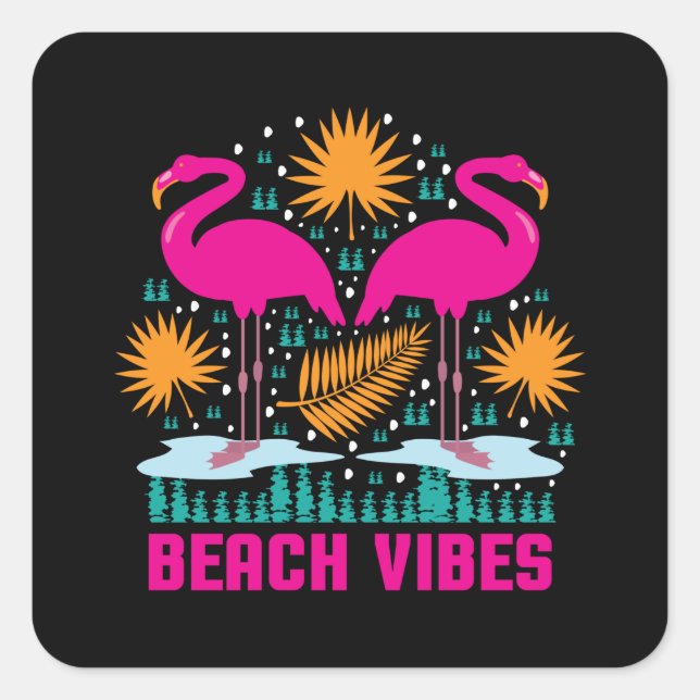 Pegatina Cuadrada Flamencos rosados de los pepitas de playa-19501 (Anverso)