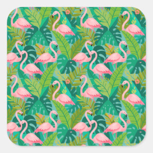 Pegatina Cuadrada Flamencos rosados tropicales follaje de la selva