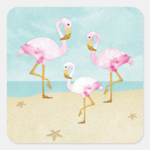 Pegatina Cuadrada Flamencos rosas acuarelas en la playa