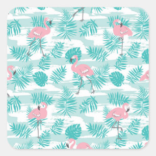 Pegatina Cuadrada Flamencos rosas, hojas de palma verdes, tropicales