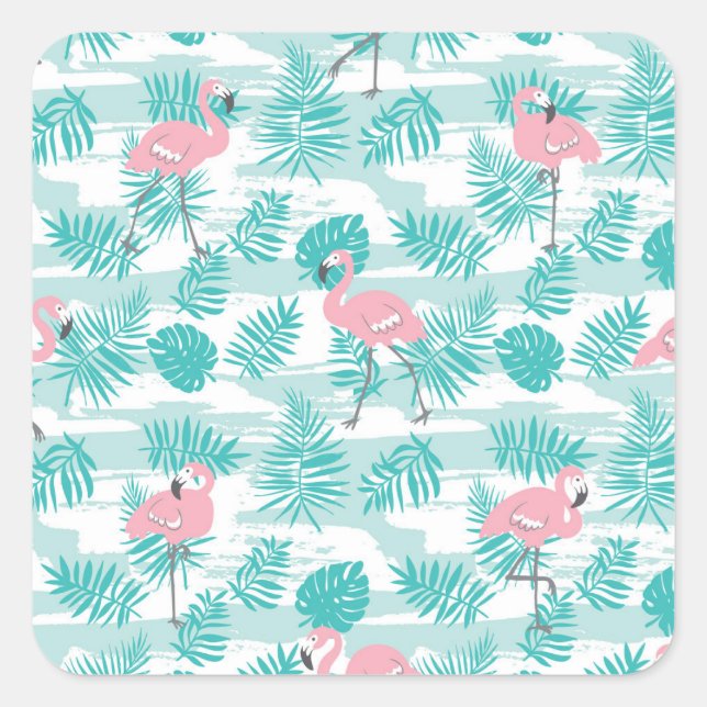 Pegatina Cuadrada Flamencos rosas, hojas de palma verdes, tropicales (Anverso)