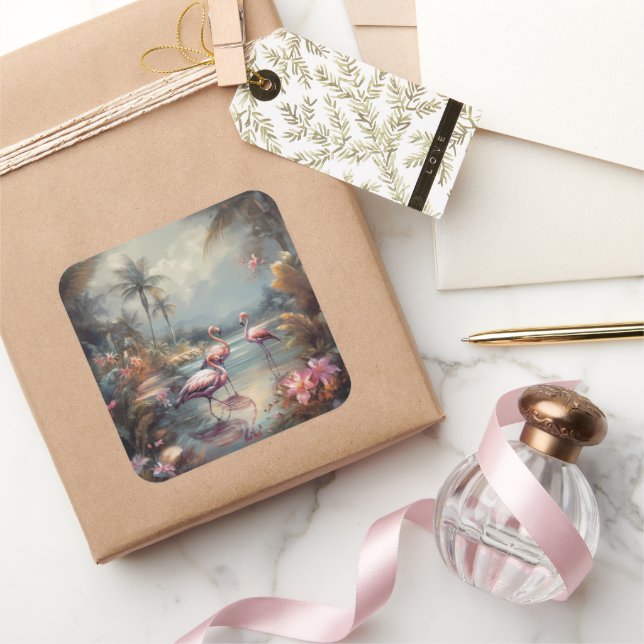 Pegatina Cuadrada Flamencos y flamencos de pintura botánica de época (Regalar)