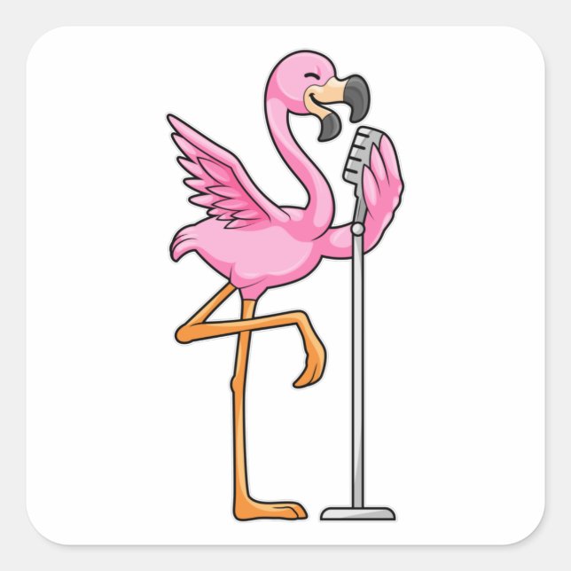 Pegatina Cuadrada Flamingo al cantar con micrófono (Anverso)