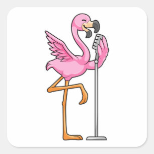 Pegatina Cuadrada Flamingo al cantar con micrófono
