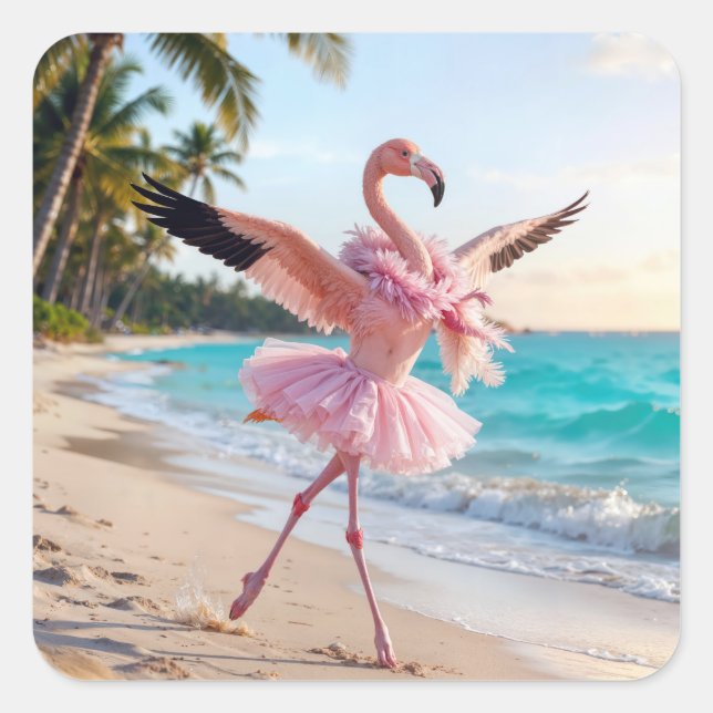 Pegatina Cuadrada Flamingo Ballerina In a Pink Tutu On the Beach (Anverso)