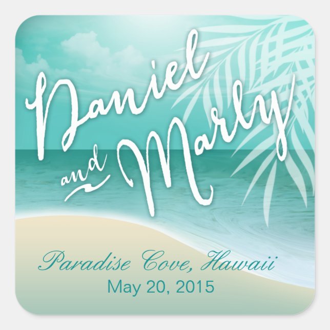 Pegatina Cuadrada Flamingo Beach Wedding Favor | aqua (Anverso)