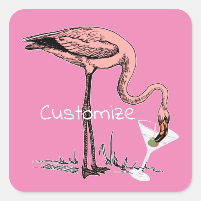 Pegatina Cuadrada Flamingo Beber Martini Thunder_Cove (Anverso)