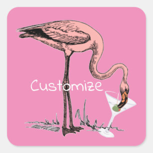 Pegatina Cuadrada Flamingo Beber Martini Thunder_Cove