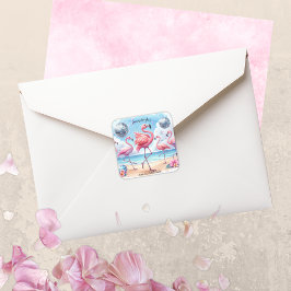 Pegatina Cuadrada Flamingo Birthday Beach Fiesta