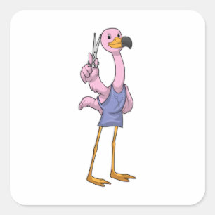 Pegatina Cuadrada Flamingo como estilista de pelo con tijeras