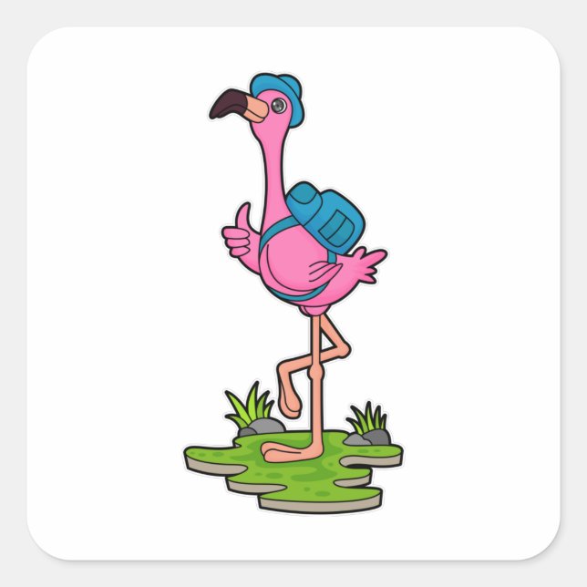 Pegatina Cuadrada Flamingo como excursionista con mochila (Anverso)