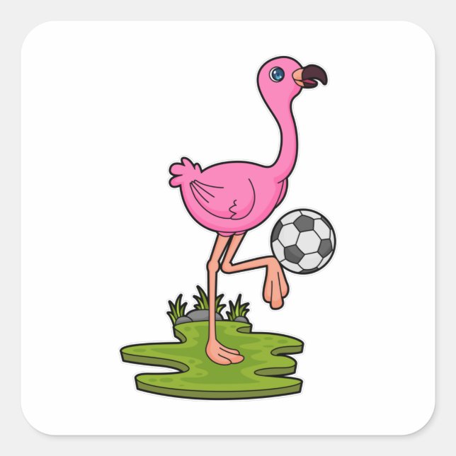 Pegatina Cuadrada Flamingo como jugador de fútbol con fútbol (Anverso)