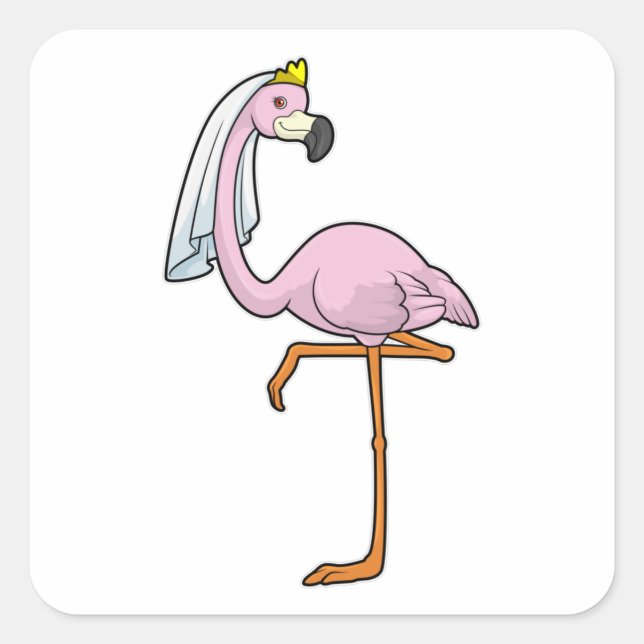 Pegatina Cuadrada Flamingo como novia en Boda con velo (Anverso)