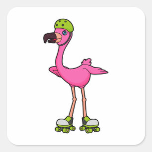 Pegatina Cuadrada Flamingo como patinador con patines y casco