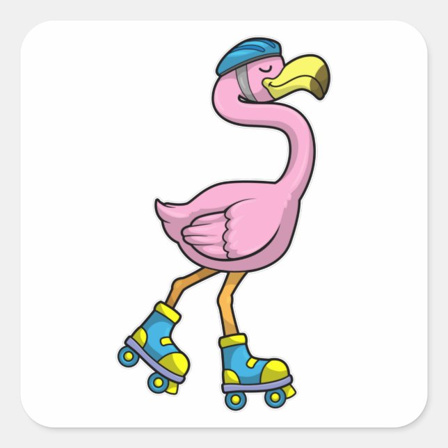 Pegatina Cuadrada Flamingo como patinador con patines y cascos (Anverso)