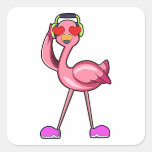 Pegatina Cuadrada Flamingo como pensionista con palo y Gorra