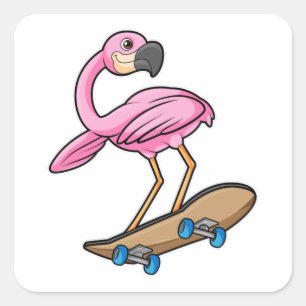 Pegatina Cuadrada Flamingo como Skater con Skateboard