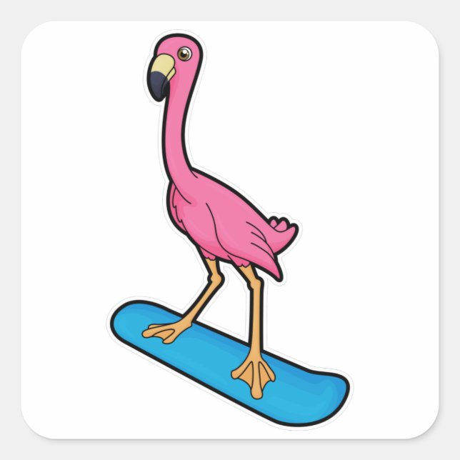 Pegatina Cuadrada Flamingo como snowboard con Snowbaord (Anverso)