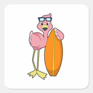 Pegatina Cuadrada Flamingo como surfista con Surfboard.PNG
