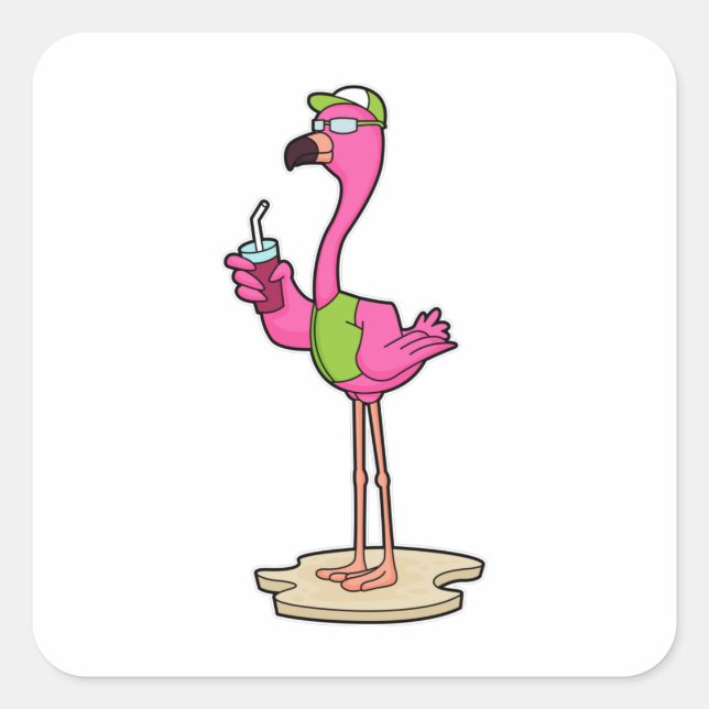 Pegatina Cuadrada Flamingo con gafas de sol y gorra (Anverso)