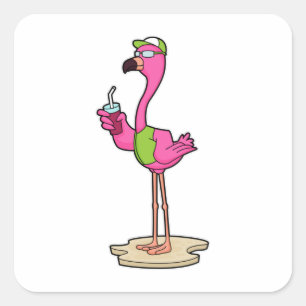 Pegatina Cuadrada Flamingo con gafas de sol y gorra