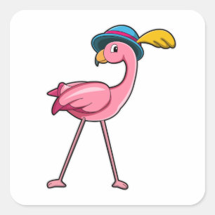 Pegatina Cuadrada Flamingo con Gorra y pluma