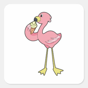 Pegatina Cuadrada Flamingo con helado Waffle