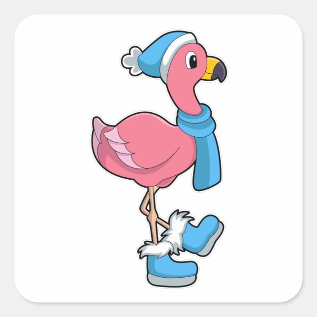 Pegatina Cuadrada Flamingo con Scarf y Gorra (Anverso)