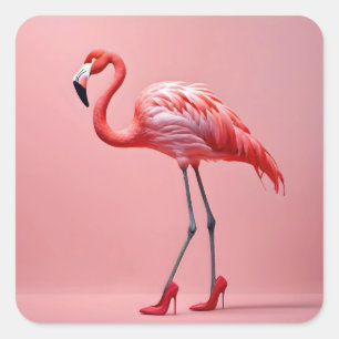 Pegatina Cuadrada Flamingo Con Tos Rojos Altos