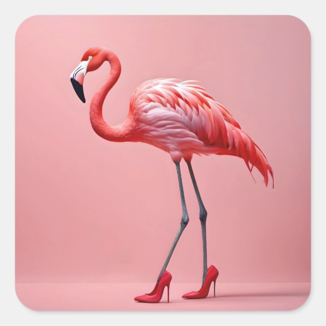 Pegatina Cuadrada Flamingo Con Tos Rojos Altos (Anverso)