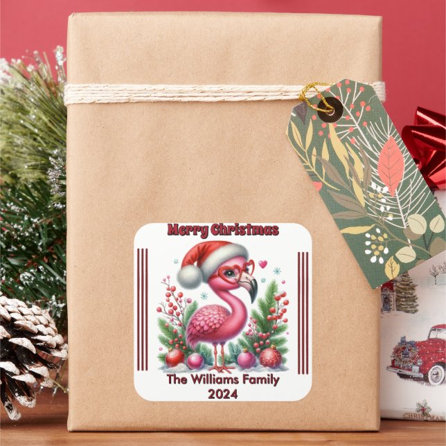 Pegatina Cuadrada Flamingo de Navidades personalizados con estilo fe (Vacaciones)
