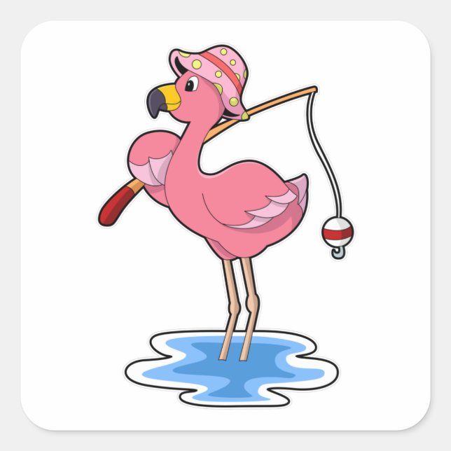 Pegatina Cuadrada Flamingo en la pesca con barra de pesca (Anverso)
